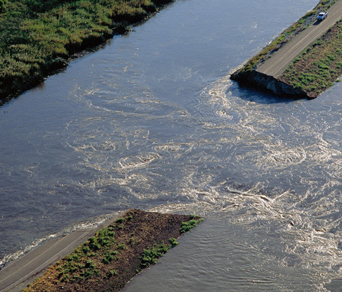 This photo, courtesy of the California Department of Water Resources, depicts a recent levee breach in the Sacramento-San Joaquin Delta.